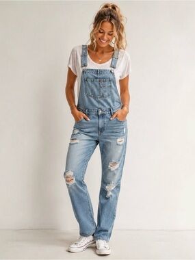 True Religion Light Blue Distressed Denim Overalls